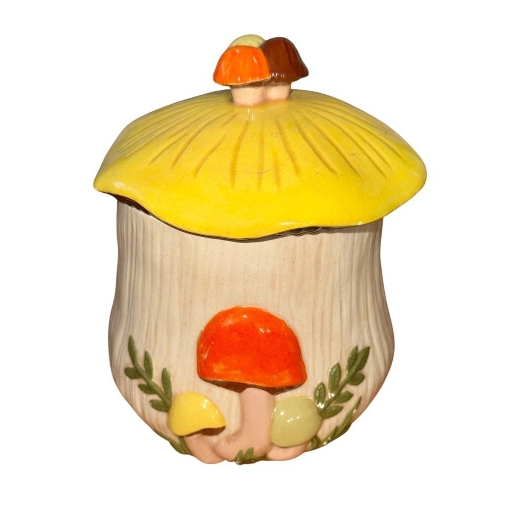 Vintage 1970s Sears Merry Mushroom Canister Jar Yellow Lid Tree Stump 7.5"